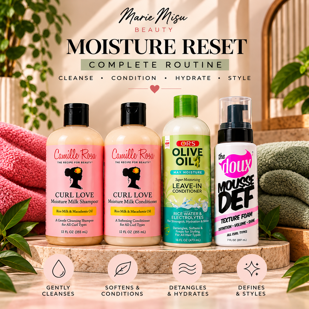 Illustrative Moisture Reset Complete Routine with Curl Love shampoo and conditioner, ORS Max Moisture leave-in and The Doux MOUSSE DEF