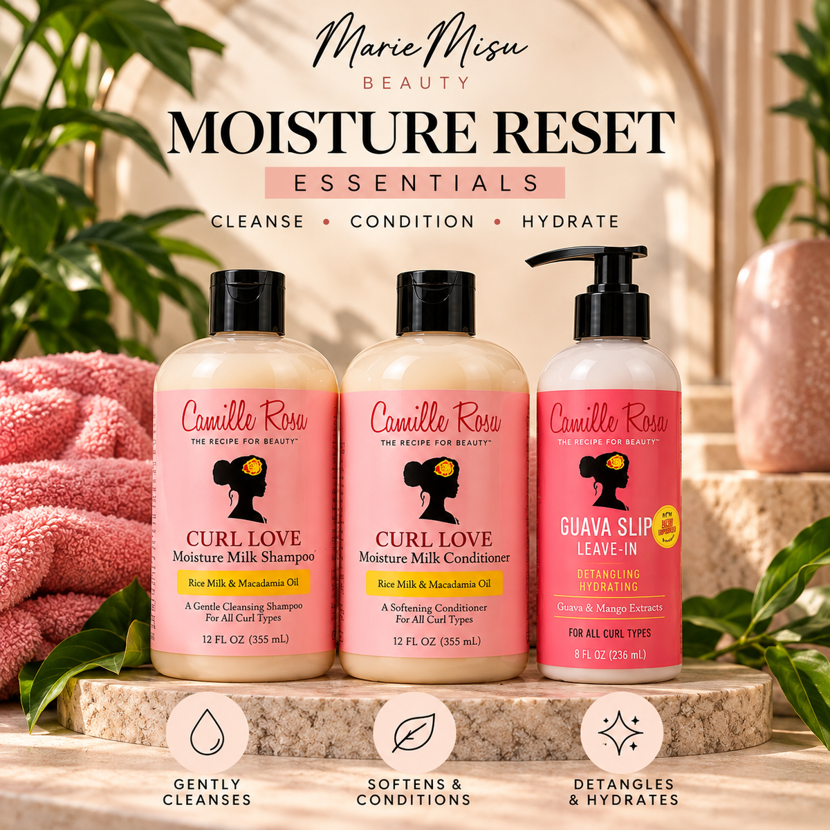 Illustrative Marie Misu Beauty Moisture Reset Essentials bundle artwork: Curl Love Shampoo, Curl Love Conditioner and Guava Slip Leave-In