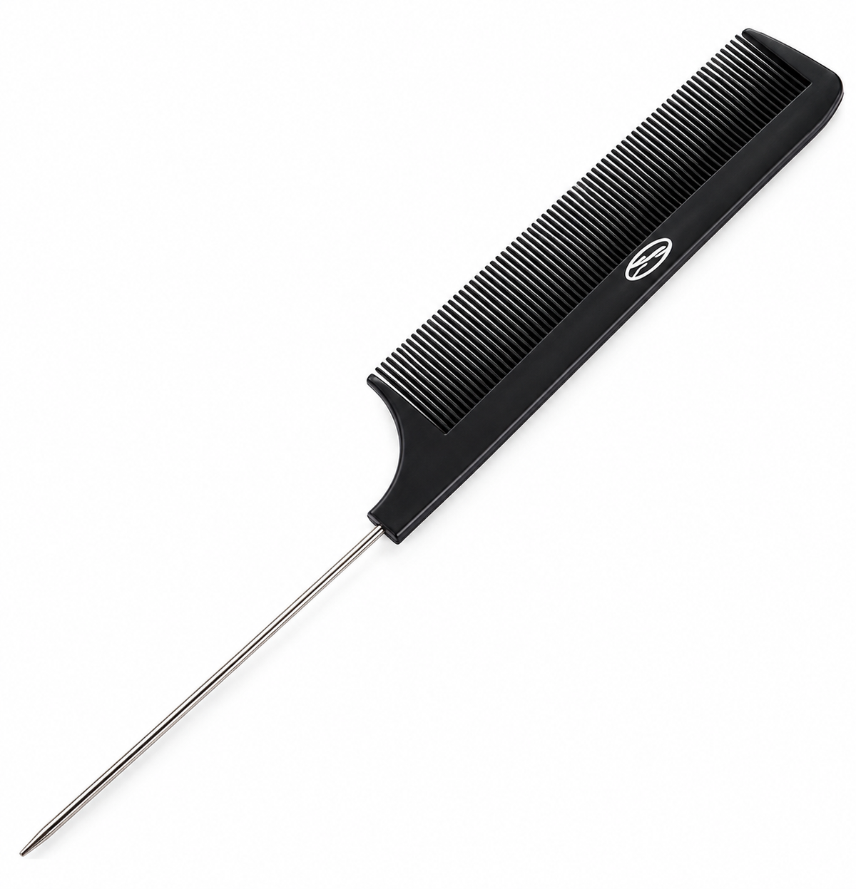 Single black fine-tooth metal pin tail styling comb on white background