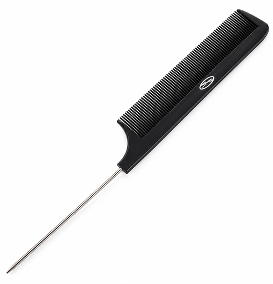 Single black fine-tooth metal pin tail styling comb on white background